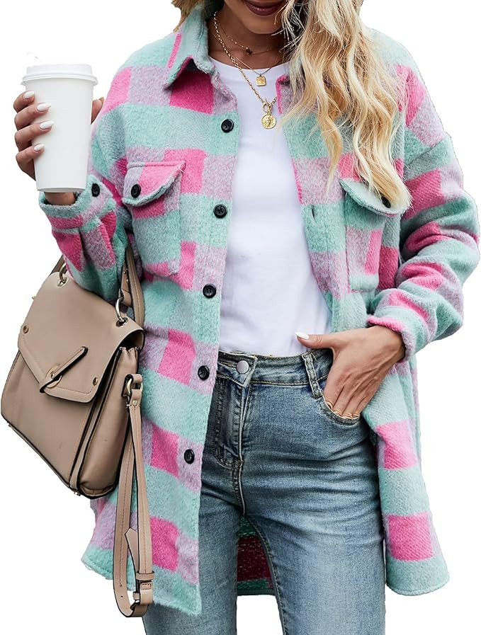 Flygo Women's Plaid Brushed Shacket Shirt Casual Lapel Loose Button Down Flannel Jacket | Amazon (US)