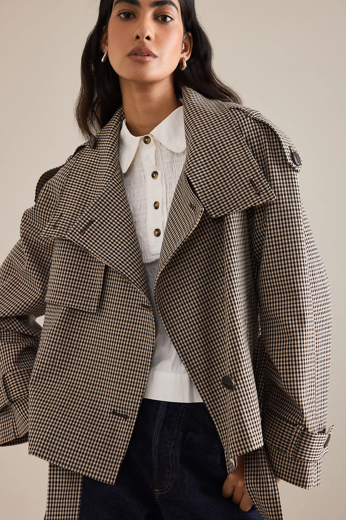 By Anthropologie Check Cropped Trench Coat | Anthropologie (UK)