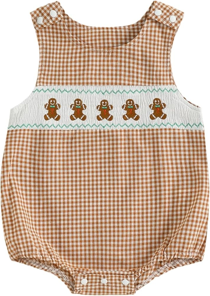 Newborn Baby Boy Christmas Outfit Embroidery Sleeveless Smocked Bubble Romper Plaid Overalls Body... | Amazon (US)