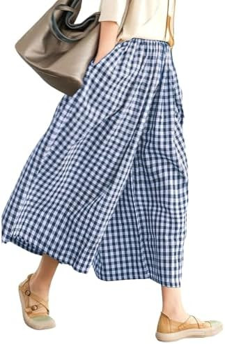 LOMON Womens Wide Leg Capri Pants Cotton Gingham Plaid Culottes Summer Elastic Waist Palazzo Trou... | Amazon (US)