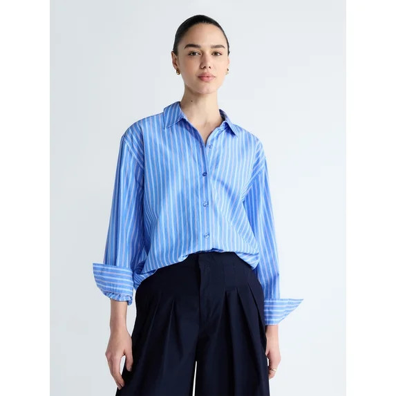 Free Assembly Women's and Women's Plus Relaxed Button Down Cotton Shirt with Long Sleeves, Sizes ... | Walmart (US)