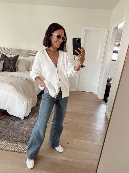 Today’s outfit from March’s capsule 
Jeans are so soft and tts 
Cardigan is the perfect weight for spring and summer/ I went up a size for a looser fit- wearing a small
Flats are buttery soft and no break in period/ they run tts 
Sunglasses are 25% off 

#LTKover40