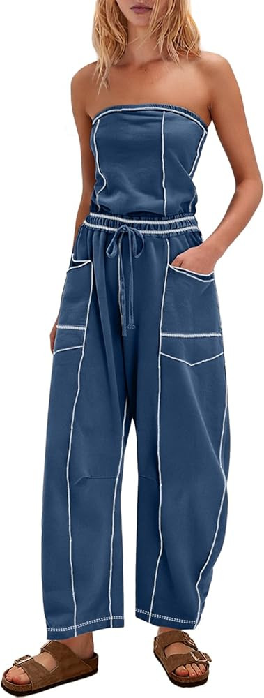 Womens Strapless Jumpsuits Off the Shoulder Tube Top barrel Overalls Loose Fit Romper with Pocket... | Amazon (US)