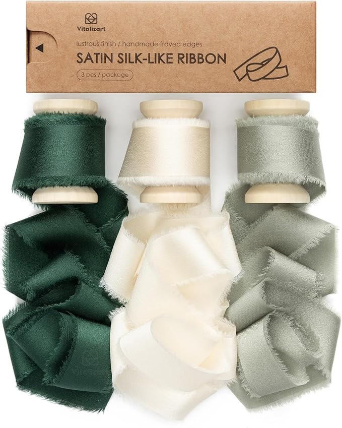 Vitalizart Silk Satin Ribbon 1 Inch x 15 Yard Wooden Spool Dark Green Handmade Frayed Ribbon for ... | Amazon (US)