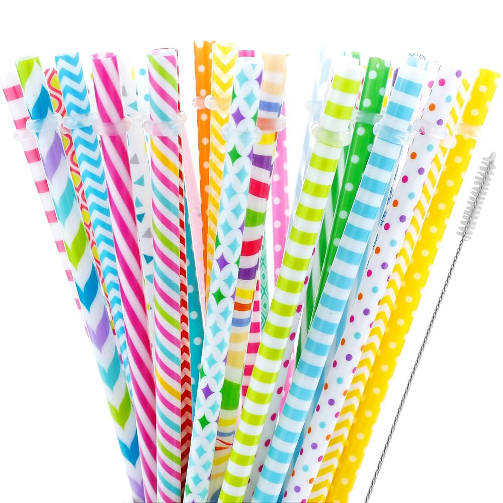 JANYUN 40 Pieces Reusable Straws BPA-Free 9" Colorful Printing Hard Platic Stripe Drinking Straw ... | Amazon (US)