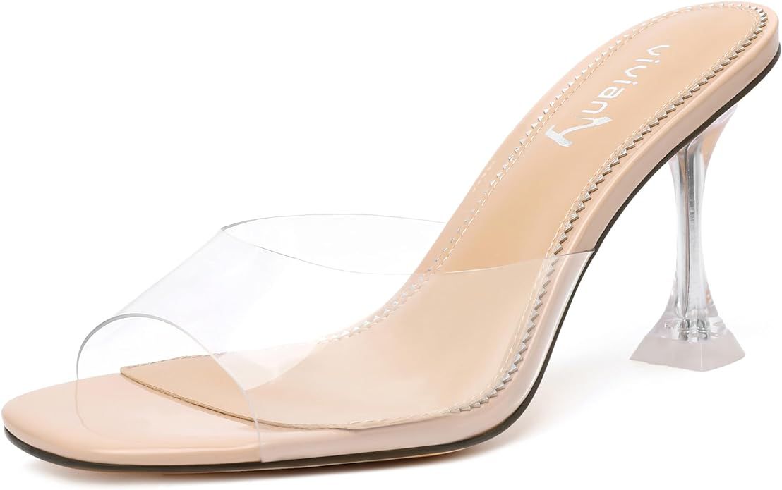 vivianly Womens Clear Heels Sandals Transparent Stiletto Heel Slippers Backless Peep Toe Slip on ... | Amazon (US)