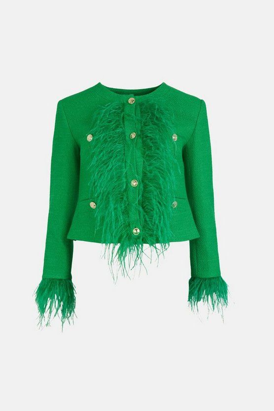Boucle Feather Collarless Jacket | Karen Millen UK & IE