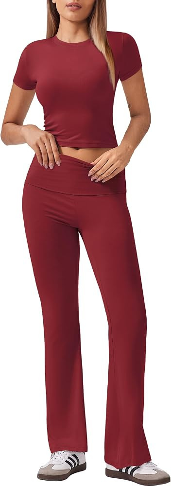 Ekouaer Women's Lounge Sets 2 Piece Outfits Short Sleeve Crops Fold-Over Flare Pants Loungewear S... | Amazon (US)