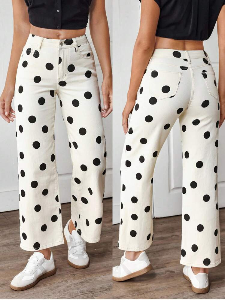 Breezaya Women's Color-Block Polka Dot Print Straight Leg Jeans | SHEIN
