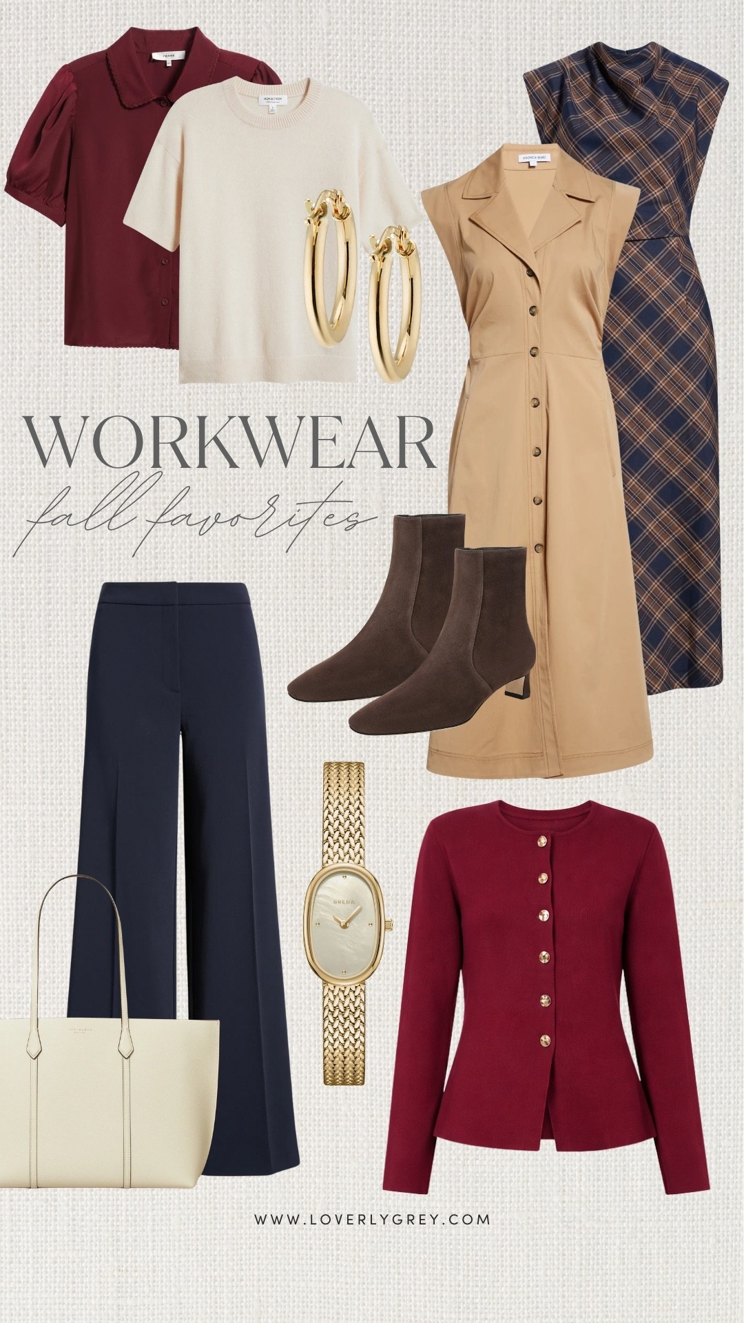 Fall work outfits featuring burgundy tops, navy trousers, sweater jackets, midi dresses, ankle boots and gold accessories. Easy office wardrobe staples for creating polished business casual looks all season!

#LTKSeasonal #LTKWorkwear