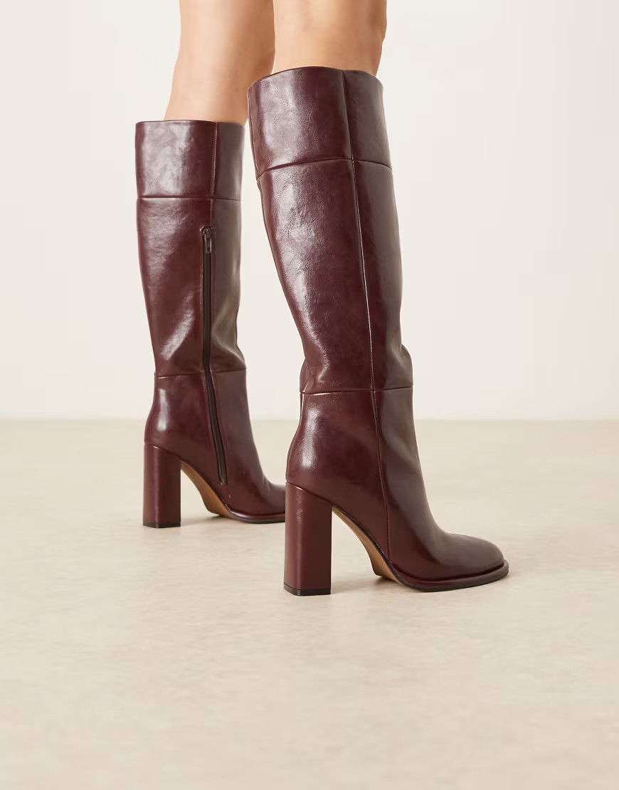 ASOS DESIGN Courtney block heel knee boots in burgundy-Red | ASOS (Global)