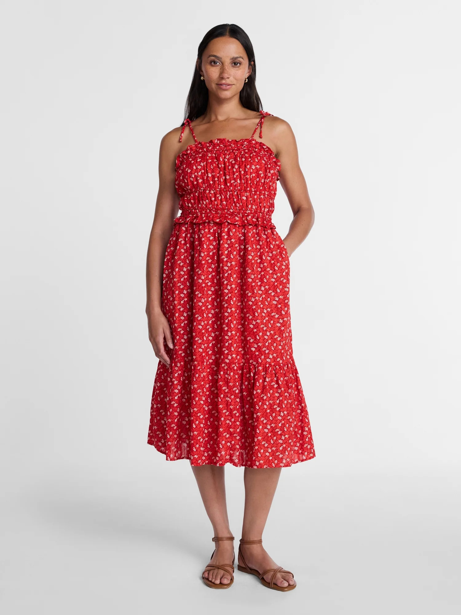 Time and Tru Women's Sleeveless Cotton Midi Dress with Piped Trim, Sizes XS-XXXL | Walmart (US)