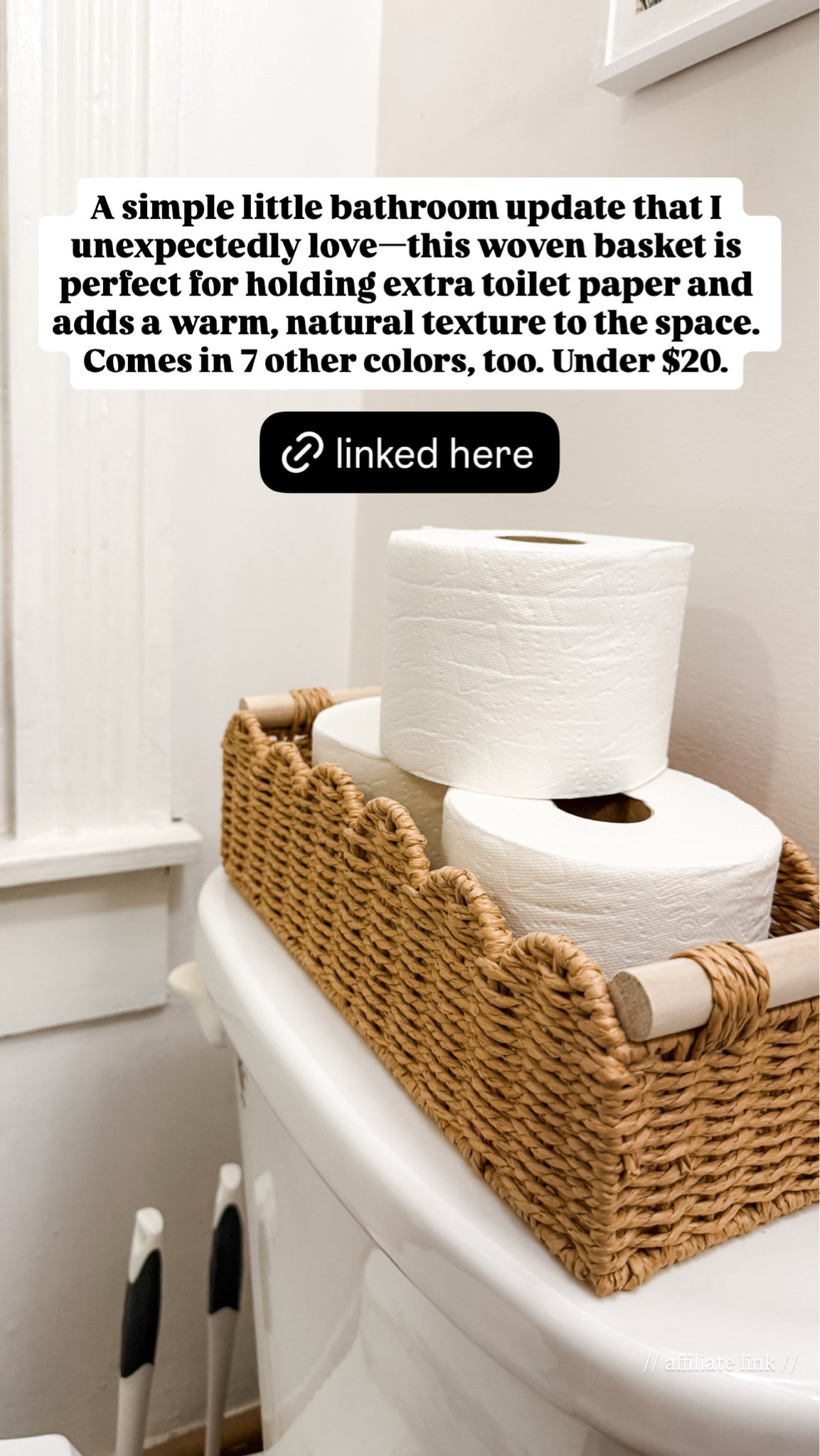 A simple little bathroom update that I unexpectedly love—this woven basket is perfect for holding extra toilet paper and adds a warm, natural texture to the space.

#LTKstorytime #LTKHome #LTKmomlife