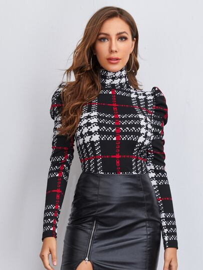 SHEIN High Neck Gigot Sleeve Plaid Tee | SHEIN