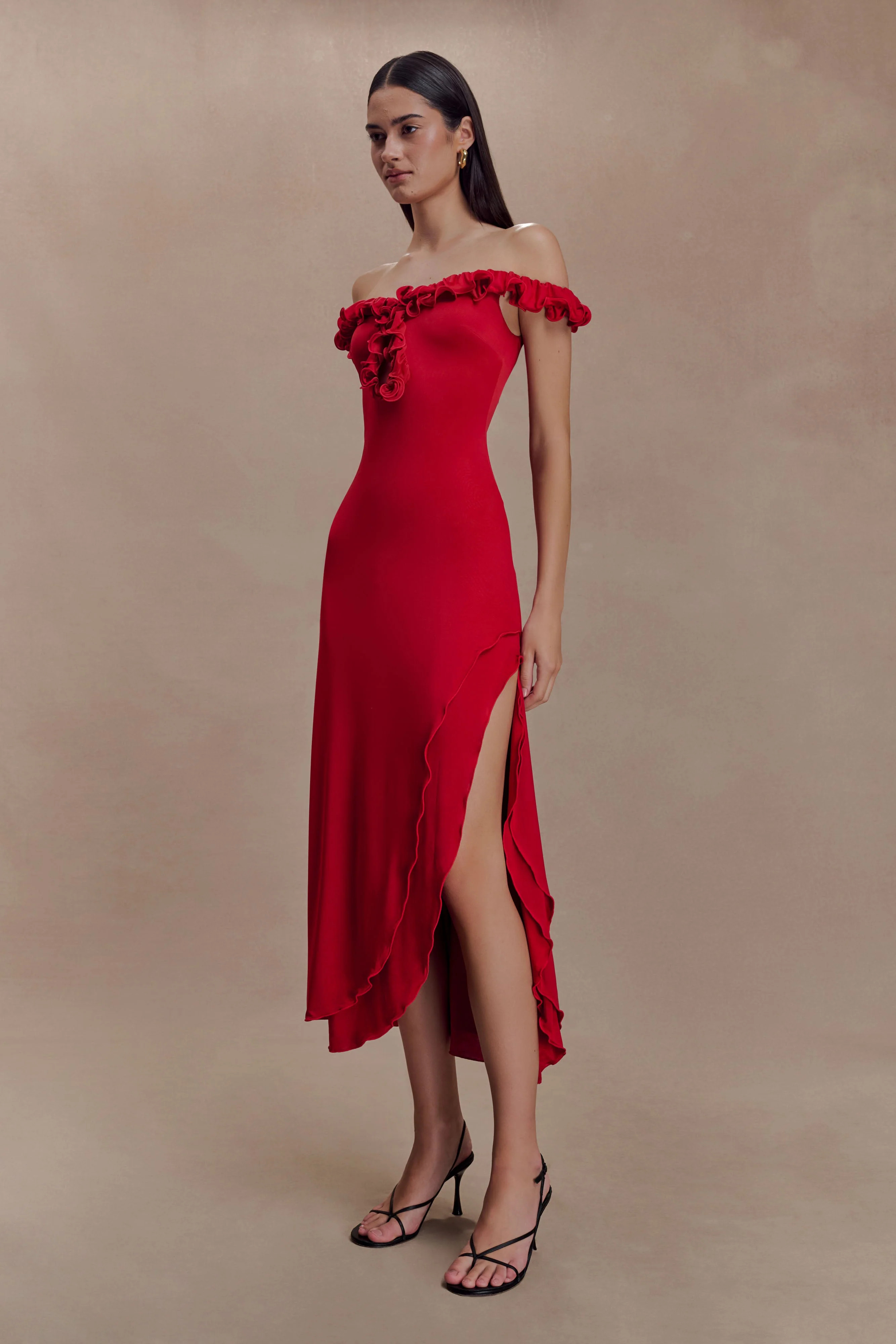 Off Shoulder Ruffle Midi Dress - Ruby | MESHKI US