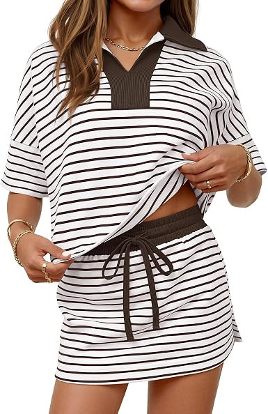 MEROKEETY Women's Striped 2 Piece Outfits Casual Skirt Set Workout Short Sleeve Polo Shirt Skort ... | Amazon (US)