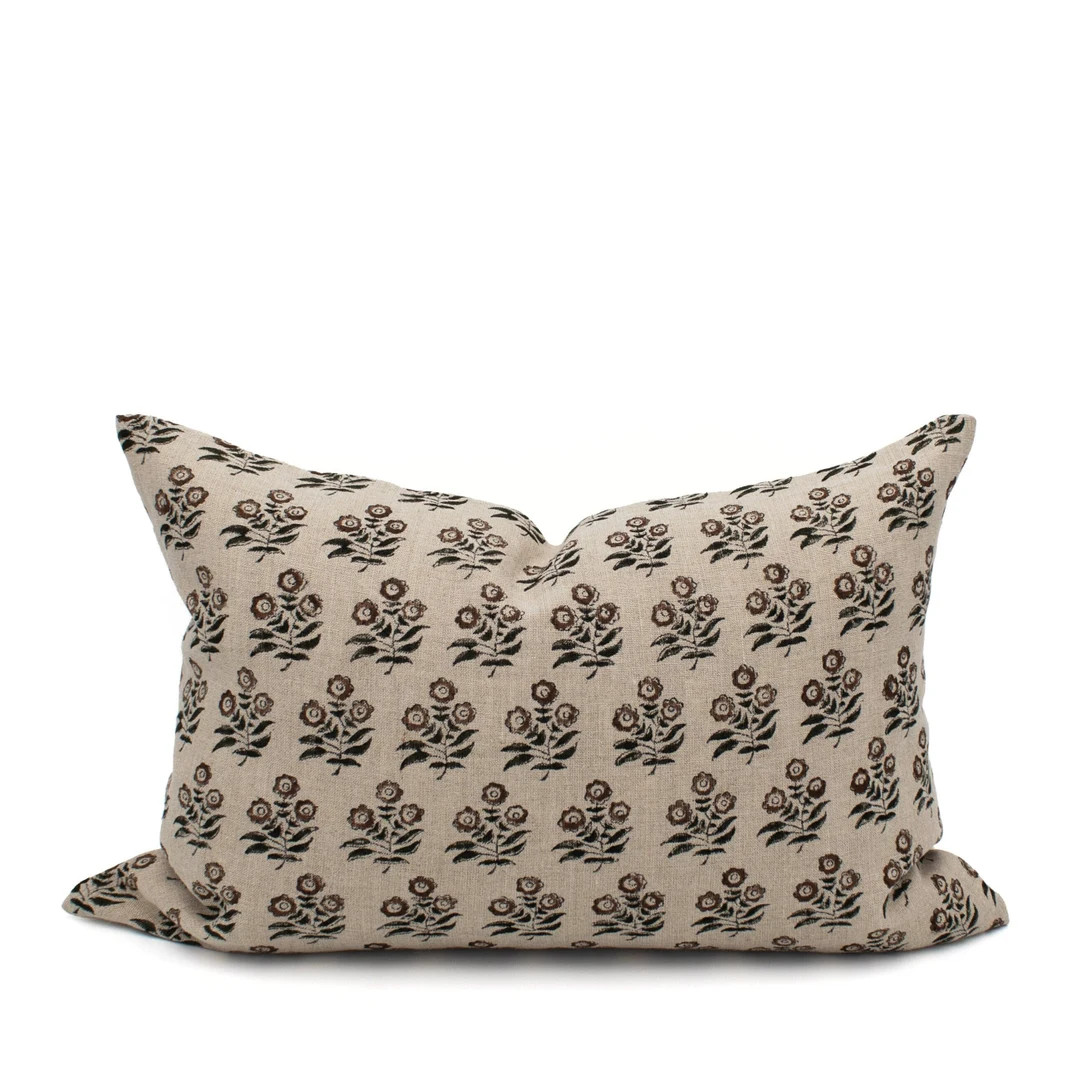 Light Brown Floral Hand Block Print Pillow Cover Natural Linen Neutral Lumbar Pillow Case Tan Blo... | Etsy (US)