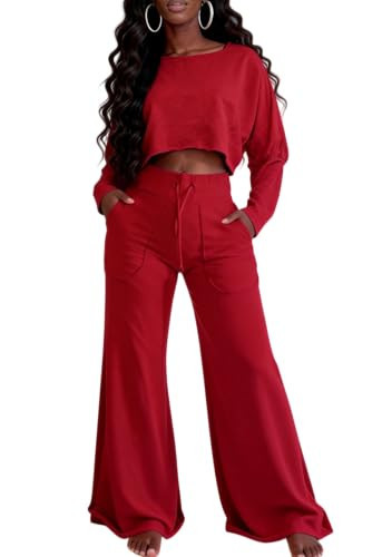 LROSEY Spring Womens Two Piece Outfits Tracksuit Set Casual Long Sleeve Crop Tops Drawstring Wide Leg Pants Lounge Sets | Amazon (US)