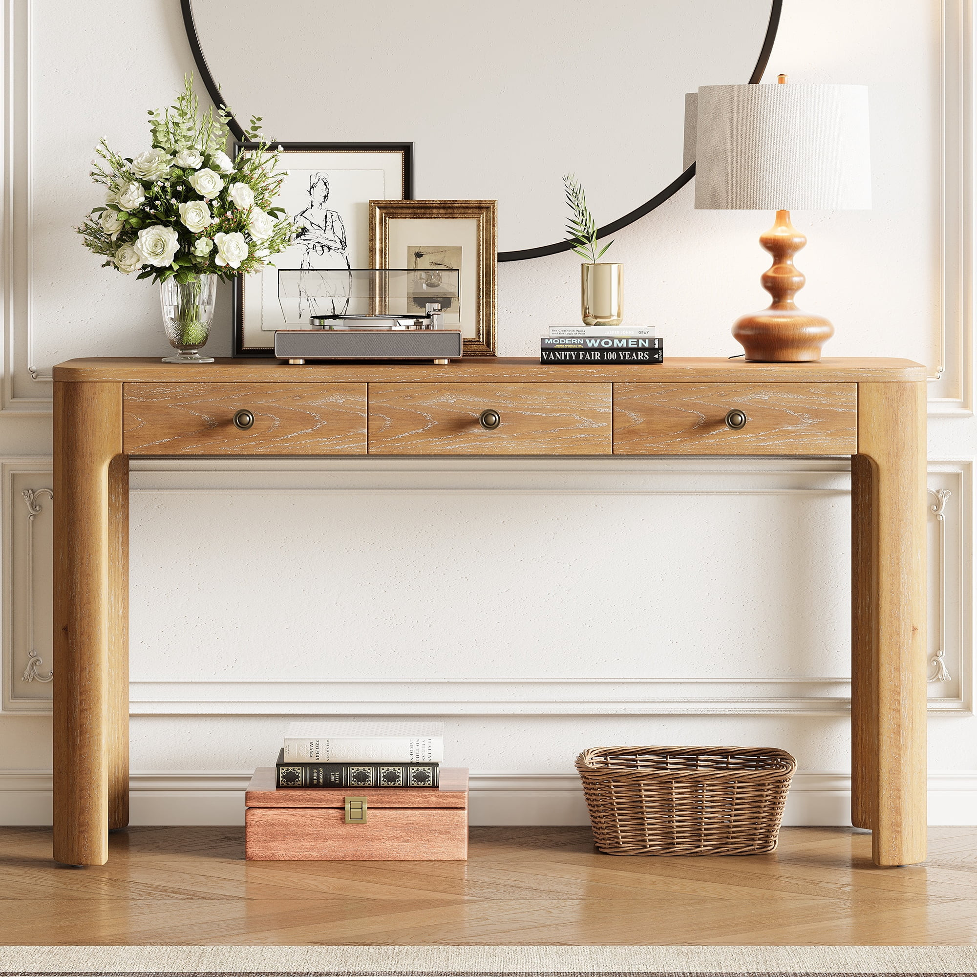 Euroco 52 Inch Curved Console Table with 3 Concealed Drawers, Wood Entryway Table, Sturdy Sofa Table with Thick Legs for Hallway/Foyer/ Living Room,Natural - Walmart.com | Walmart (US)