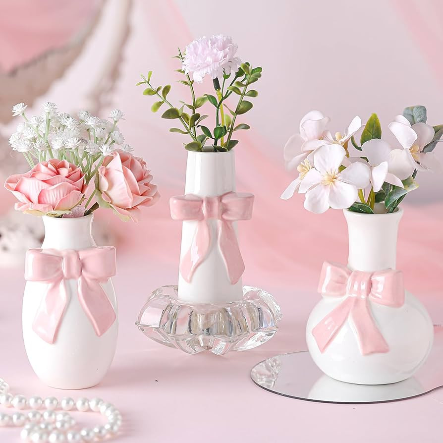 3 Pcs Pink Bow Ceramic Bud Vase Cute Mini 3.94 Inch Tall Ceramic Style Bow Vase for Flowers Pampa... | Amazon (US)