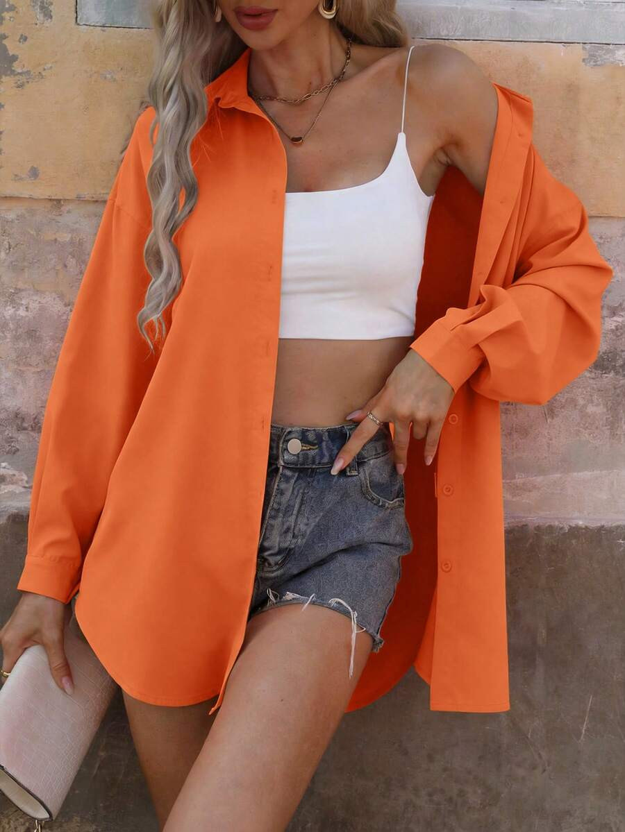 Wandoria Casual Women's Long Burnt Orange Drop Shoulder Shirt With Regular Hem And Plain Pattern | SHEIN
