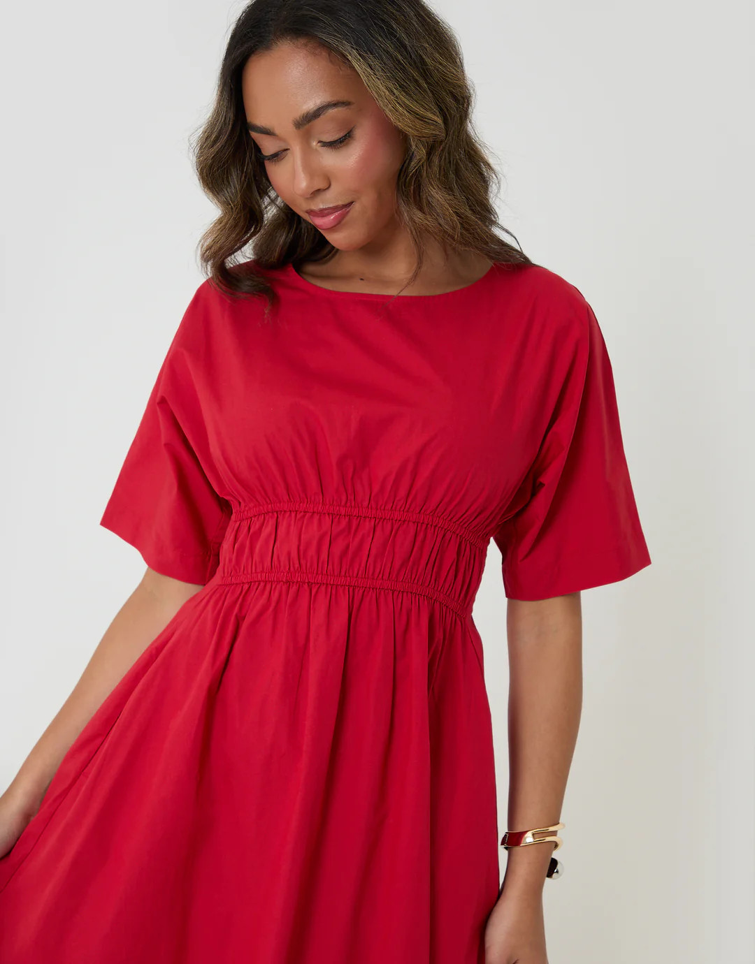 Elasticated Waist Cotton Poplin Midi Dress in Red | Threadbare UK