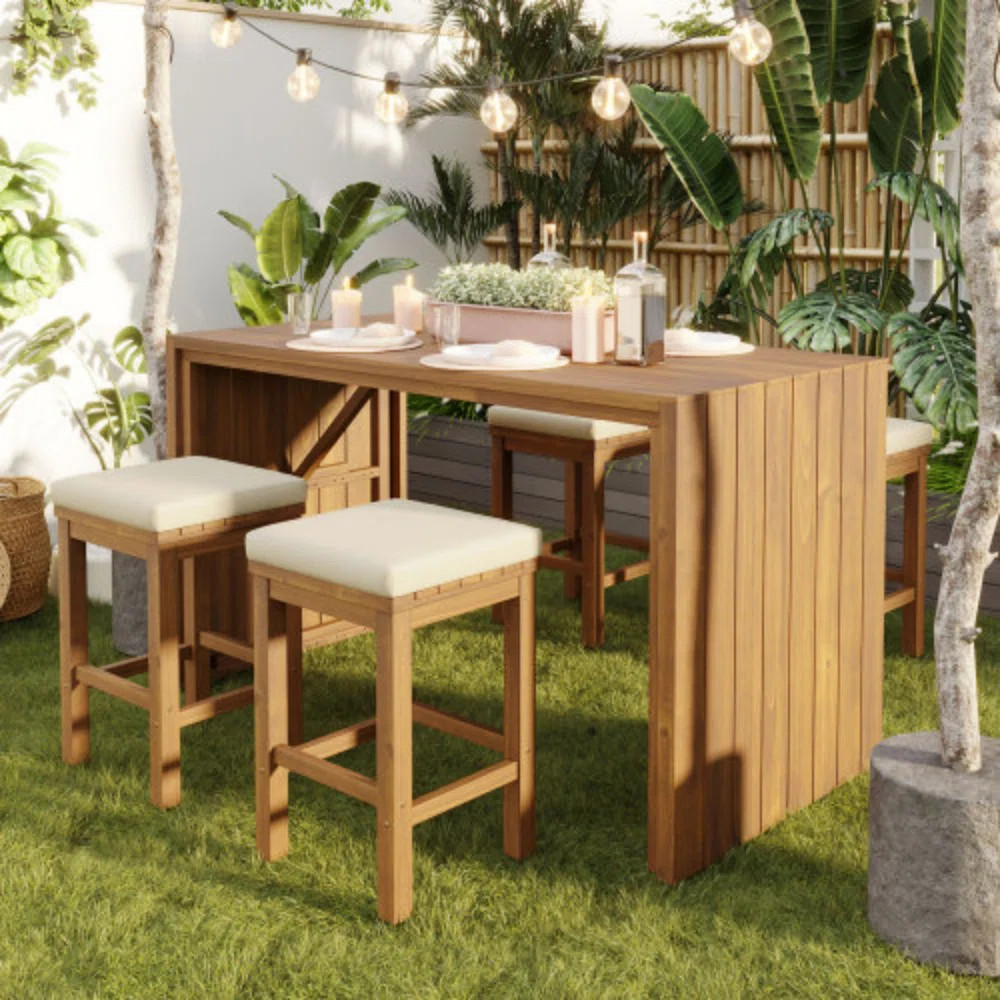 5-Piece Outdoor Bar Set - Acacia Wood Bar Table & 4 Stools With Cushions, Patio Dining Set For Ba... | Wayfair North America