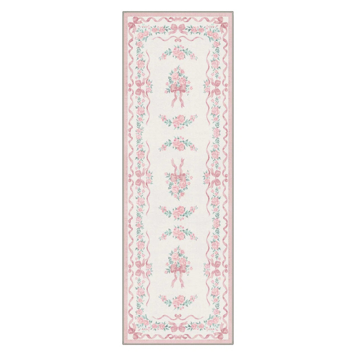 Romantic Vintage Floral & Bow Border Area Rug, Machine Washable, Inspired Faux Wool - High-Reboun... | Wayfair North America