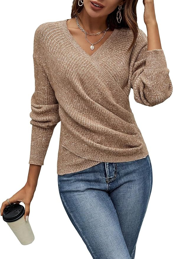SOLY HUX Women's V Neck Long Sleeve Off Shoulder Sweaters Criss Cross Wrap Ruched Pullover Fall T... | Amazon (US)