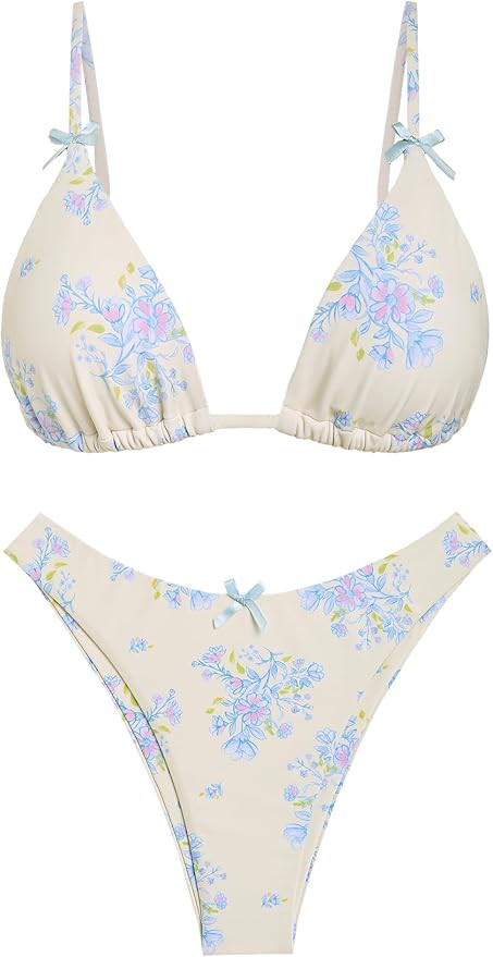 seamoly Women's Bikini Sets Tie Back Bowknot Two Piece Swimsuits Triangle Thong Bathing Suit Ging... | Amazon (US)