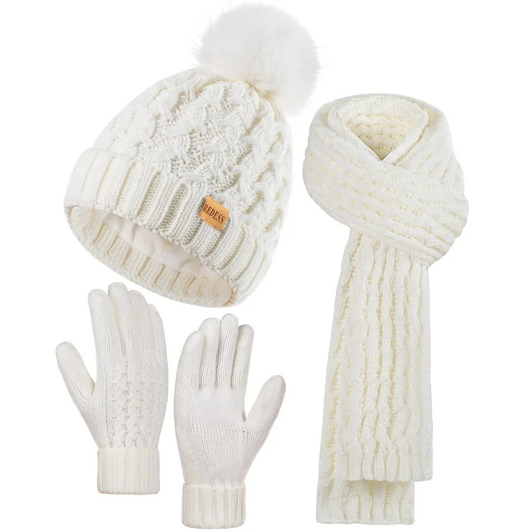 REDESS Winter Women's Beanie Hat Scarf Gloves Set, Fleece Lined Winter Hat with Pom Pom,White | Walmart (US)