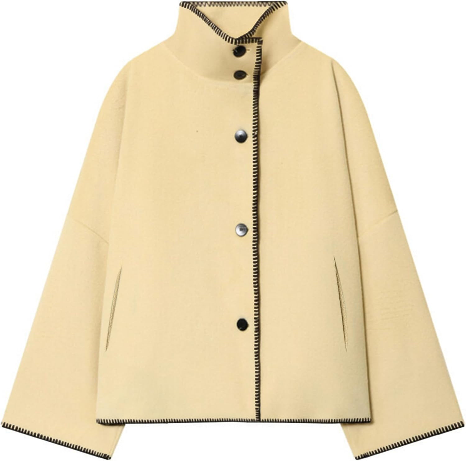 Womens Cropped Wool Jacket Oversized Stand Collar Crop Pea Coat | Amazon (US)