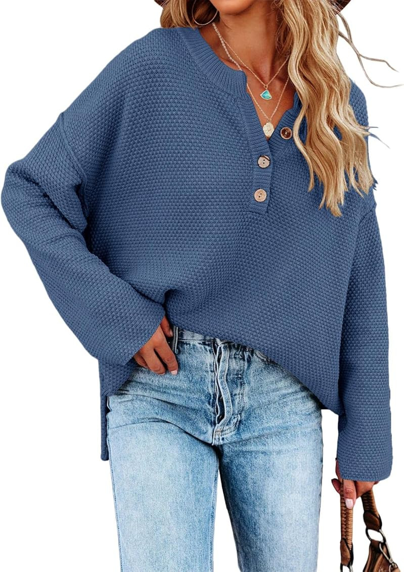 Saodimallsu Women's Oversized Sweaters Batwing Long Sleeve Loose V Neck Button Henley Tops Pullover  | Amazon (US)