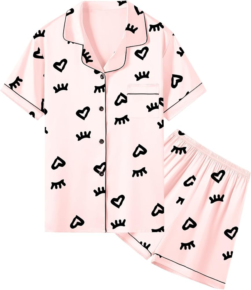 Umeyda Women & Girls Pajamas Set, Soft Satin Lightweight Silk Button-Down Top with Shorts 2 Piece... | Amazon (US)