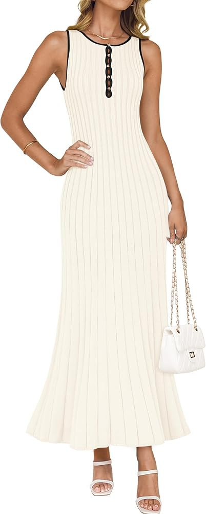 ZESICA Womens 2025 Summer Long Maxi Dress Sleeveless Crew Neck Hollow Out Pleated Ribbed Knit Swi... | Amazon (US)