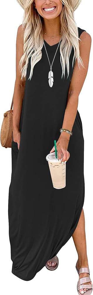 WNEEDU Womens Summer Dress Sleeveless Maxi Dress Casual V Neck Beach Sundresses Loose Tshirt Dres... | Amazon (CA)