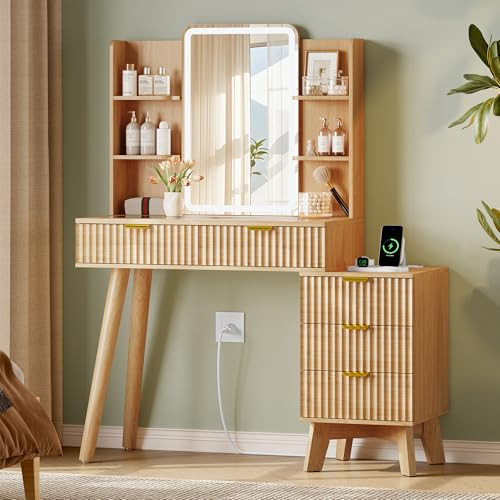 Vanity Desk With HD Lighted Mirror and Lights, Fluted Small Makeup Vanity with Storage Drawers & Shelves, Modern Dressing Table Set with Power Outlet & Glass Table Top for Women Girls Bedroom, Oak | Amazon (US)