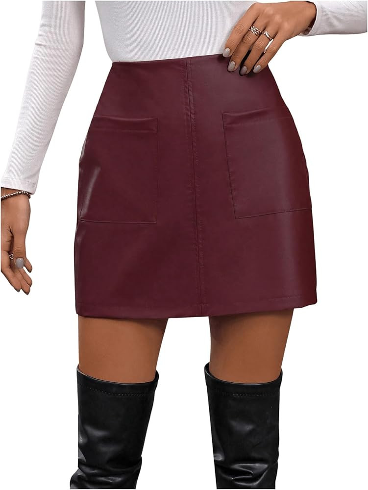 SweatyRocks Women's PU Leather Short Skirts High Waist A Line Mini Skirts with Pocket | Amazon (US)