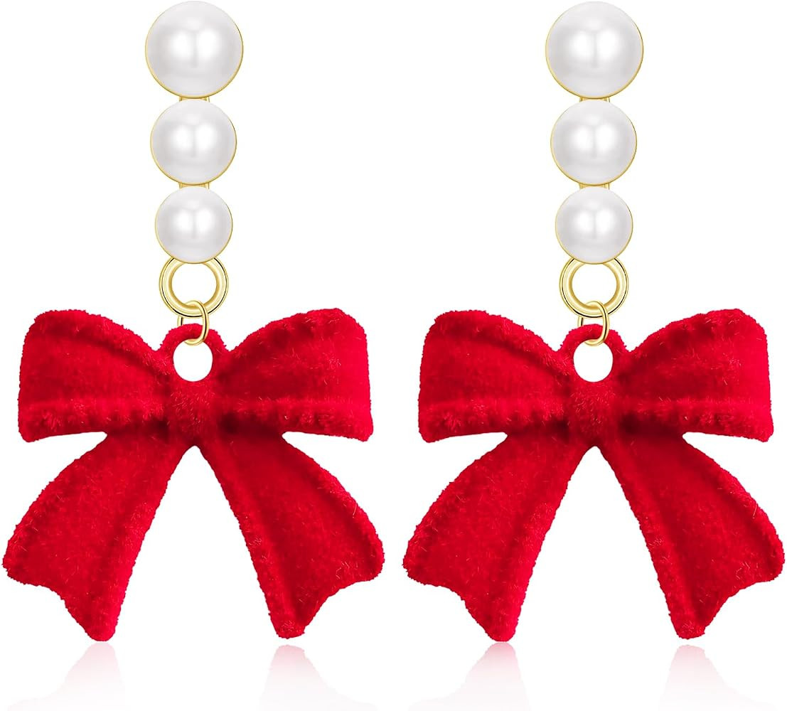 Vintage 70s 80s Red Velvet Bow Stud Earrings Handmade Long Pearl Bow Dangle Drop Earrings for Wom... | Amazon (US)