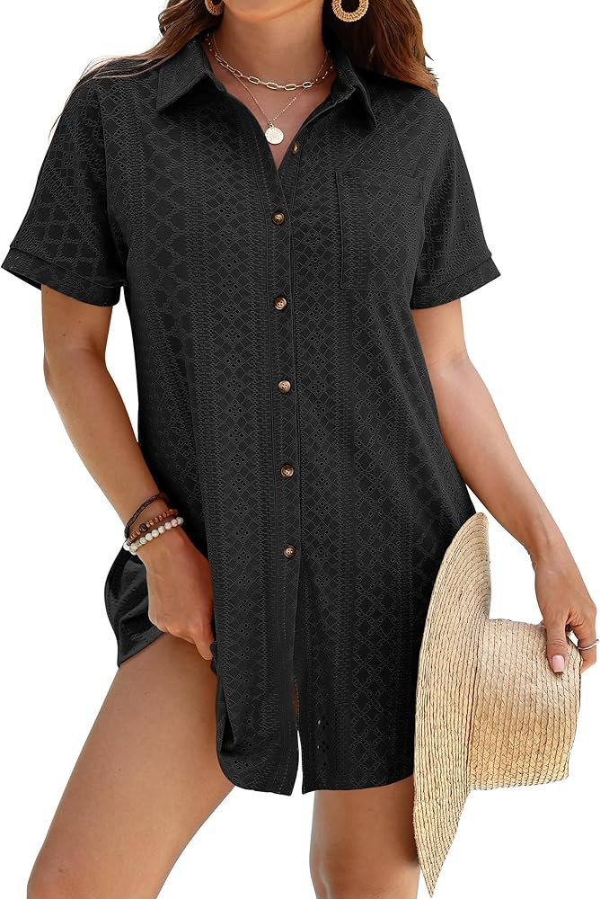 ANRABESS Womens Swimsuit Coverup Summer Button Down Beach Shirt Dress Eyelet Swimwear Bathing Sui... | Amazon (US)