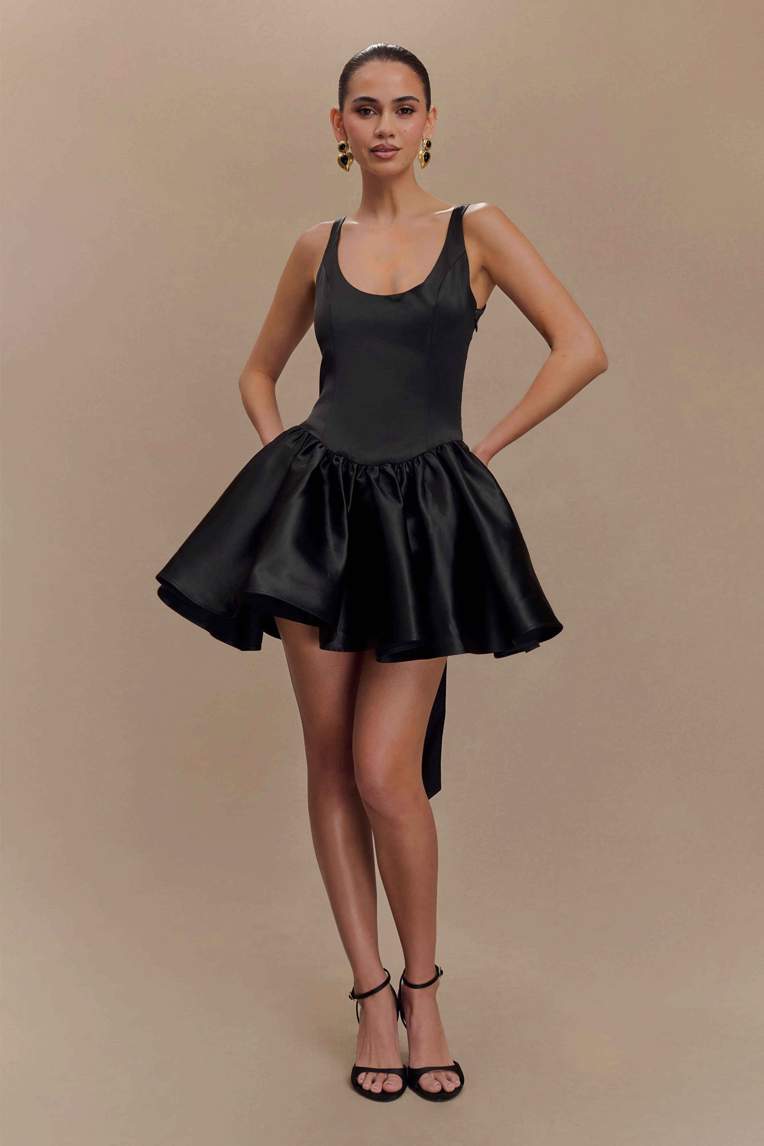 Felicia Satin Mini Dress With Bow - Black | MESHKI US