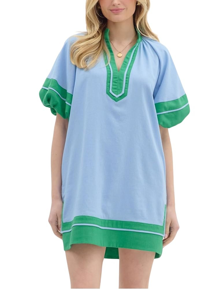 Esmeling Women’s Color Block Pullover Dress V Neck Puff Sleeve Shirt Dress Casual Mini Dress wi... | Amazon (US)