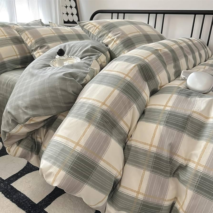 Green Plaid Duvet Cover Queen Soft Cotton Grid Plaid Bedding Set 3 Pieces Checkered Gingham Comfo... | Amazon (US)
