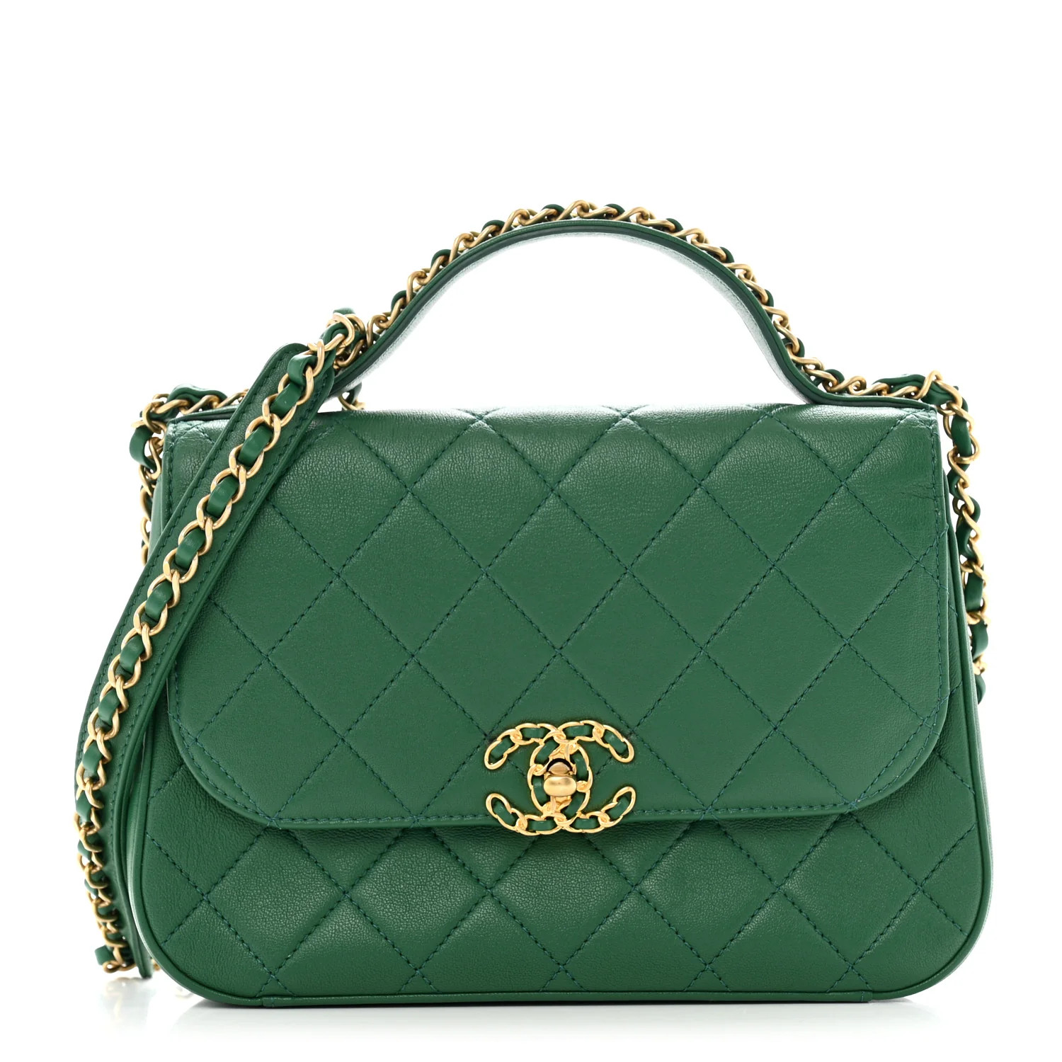 Chanel Lambskin Quilted Chain Infinity Top Handle Flap Green | FASHIONPHILE (US)