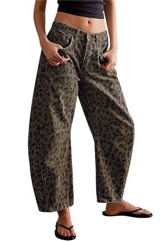 Womens Stretchy Mid Rise Barrel Jeans Vintage Loose Wide Leg Cropped Denim Pants Y2k Baggy Boyfriend Jeans (Large,Leopard) | Amazon (US)