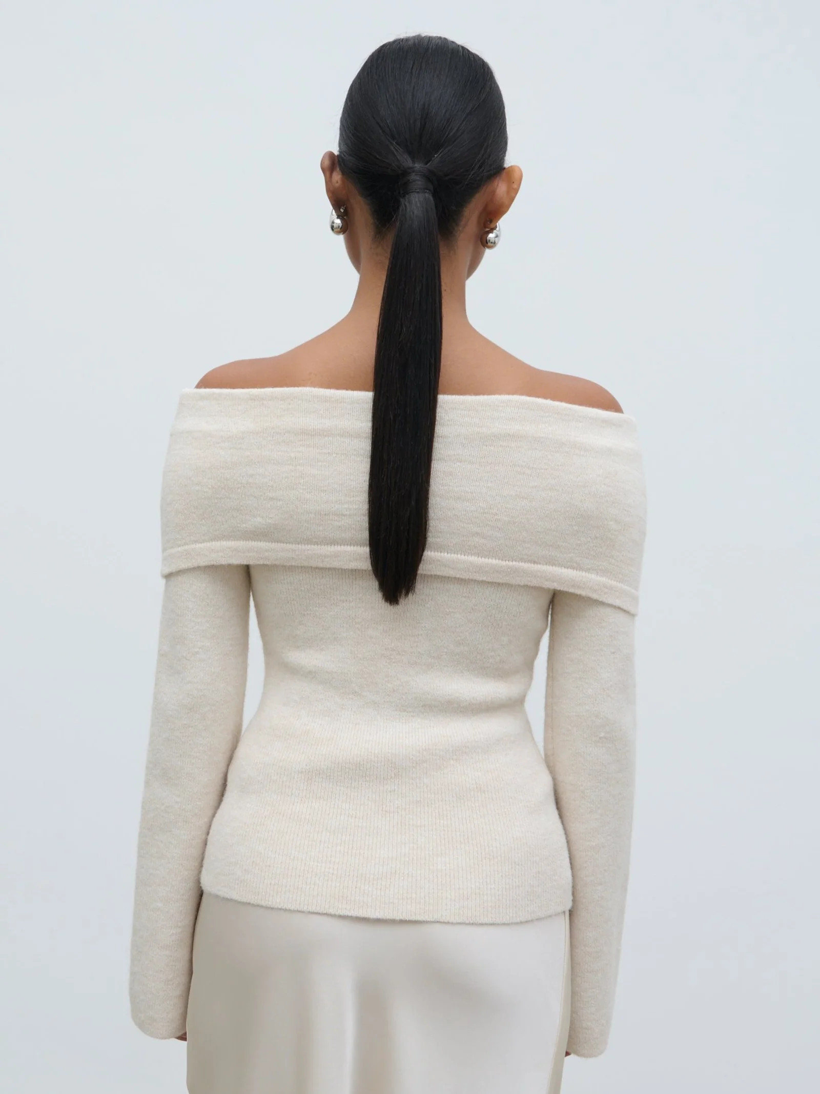 Tilda Bardot Bow Knit Top - Beige | Pretty Lavish (UK)