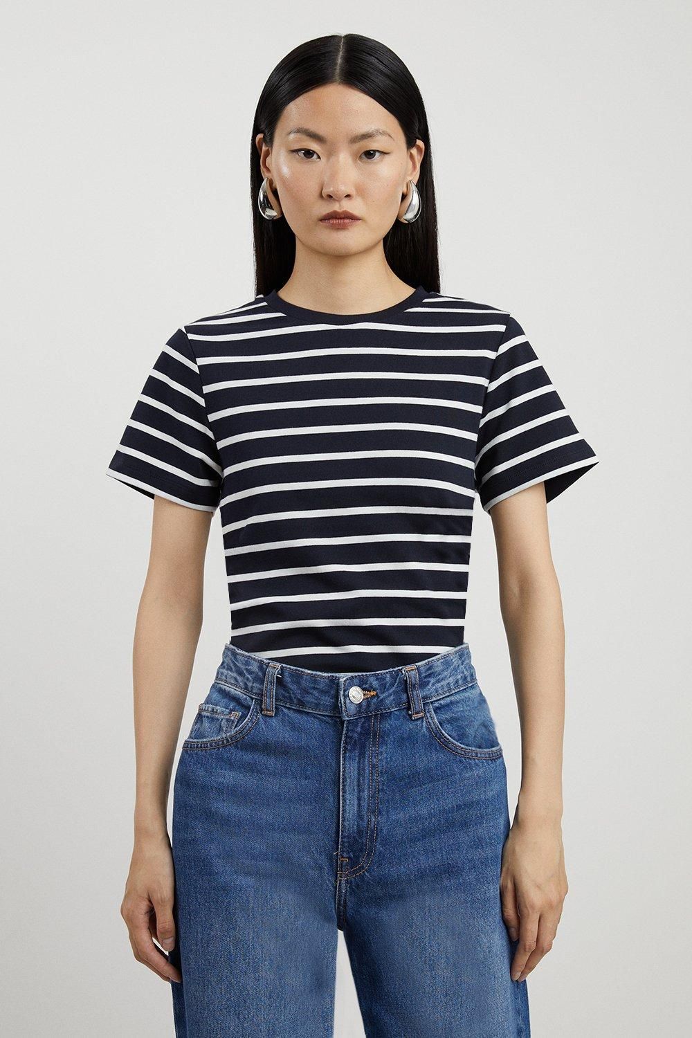 Stripe Stretch Cotton Jersey T Shirt | Karen Millen US