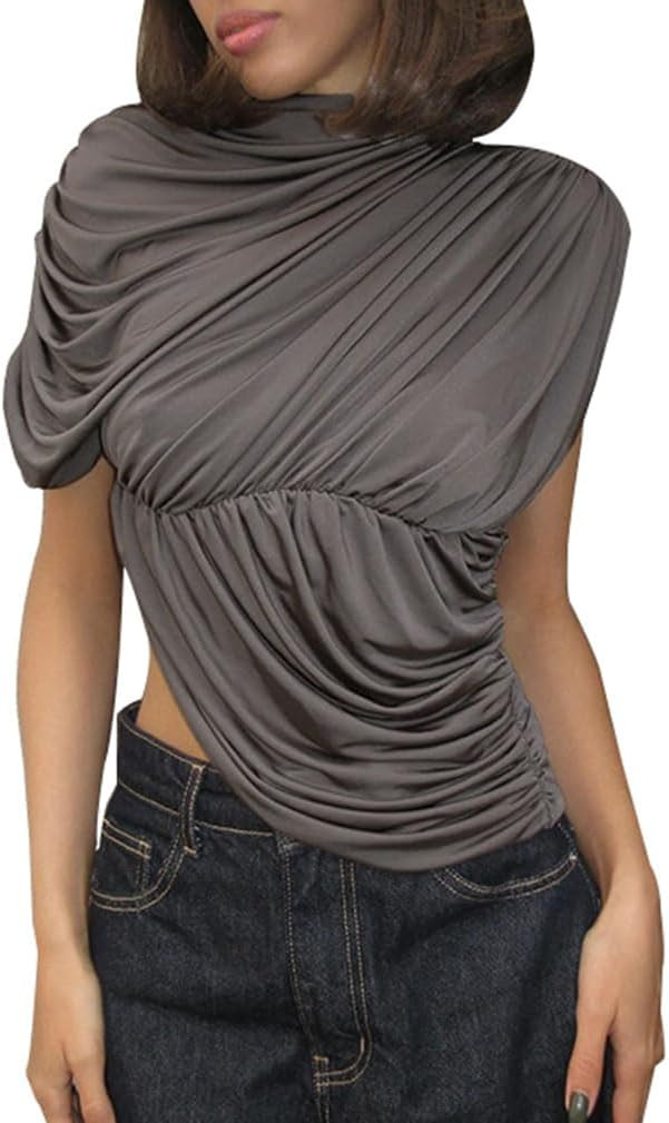 Ruched Mock Neck Tank Crop Tops for Women Ruffle Short Sleeve Wrap Twisted Turtleneck Asymmetrica... | Amazon (US)