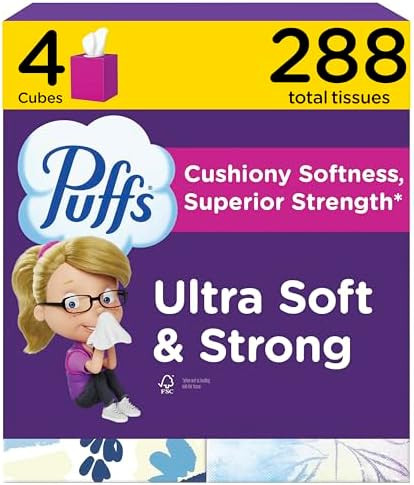 Puffs Facial Tissues Ultra Soft, 4 Mega Cube Boxes, 72 Facial Tissues per Box, Allergies and Cold... | Amazon (US)