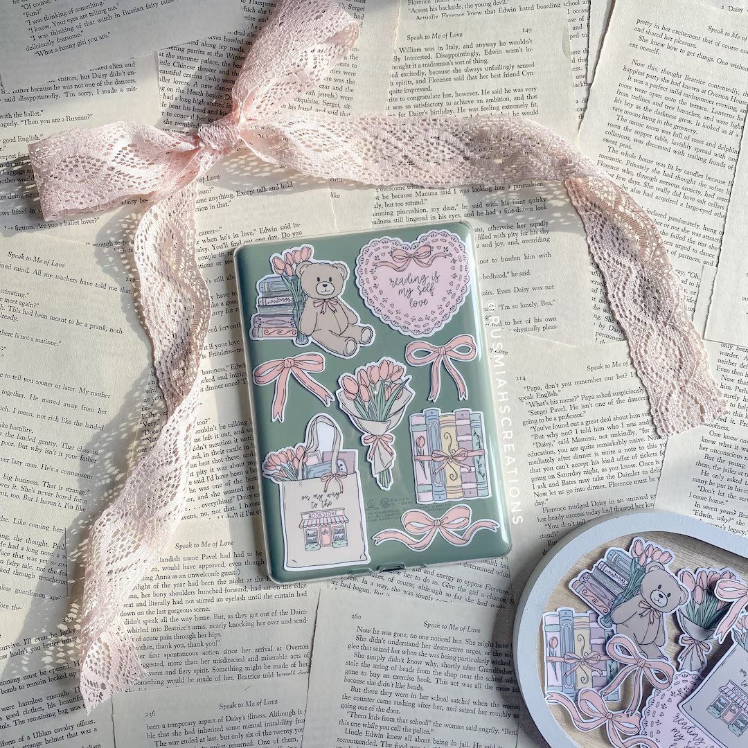 Books and Bows Sticker Pack | Bibliophile | Water Resistant | Kindle Stickers | E-reader | Pink B... | Etsy (US)